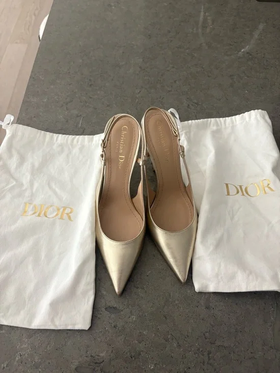 Dior Metallic Gold Pointed-Toe Slingback Heels - Picture 2 of 3